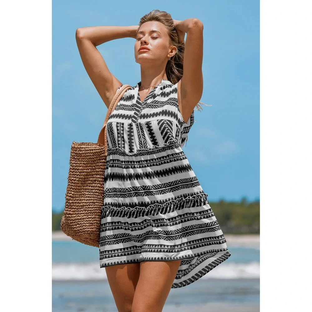 Cupshe Sleeveless Tiered Dress Black White Geometric Print Casual Summer Size‎ M